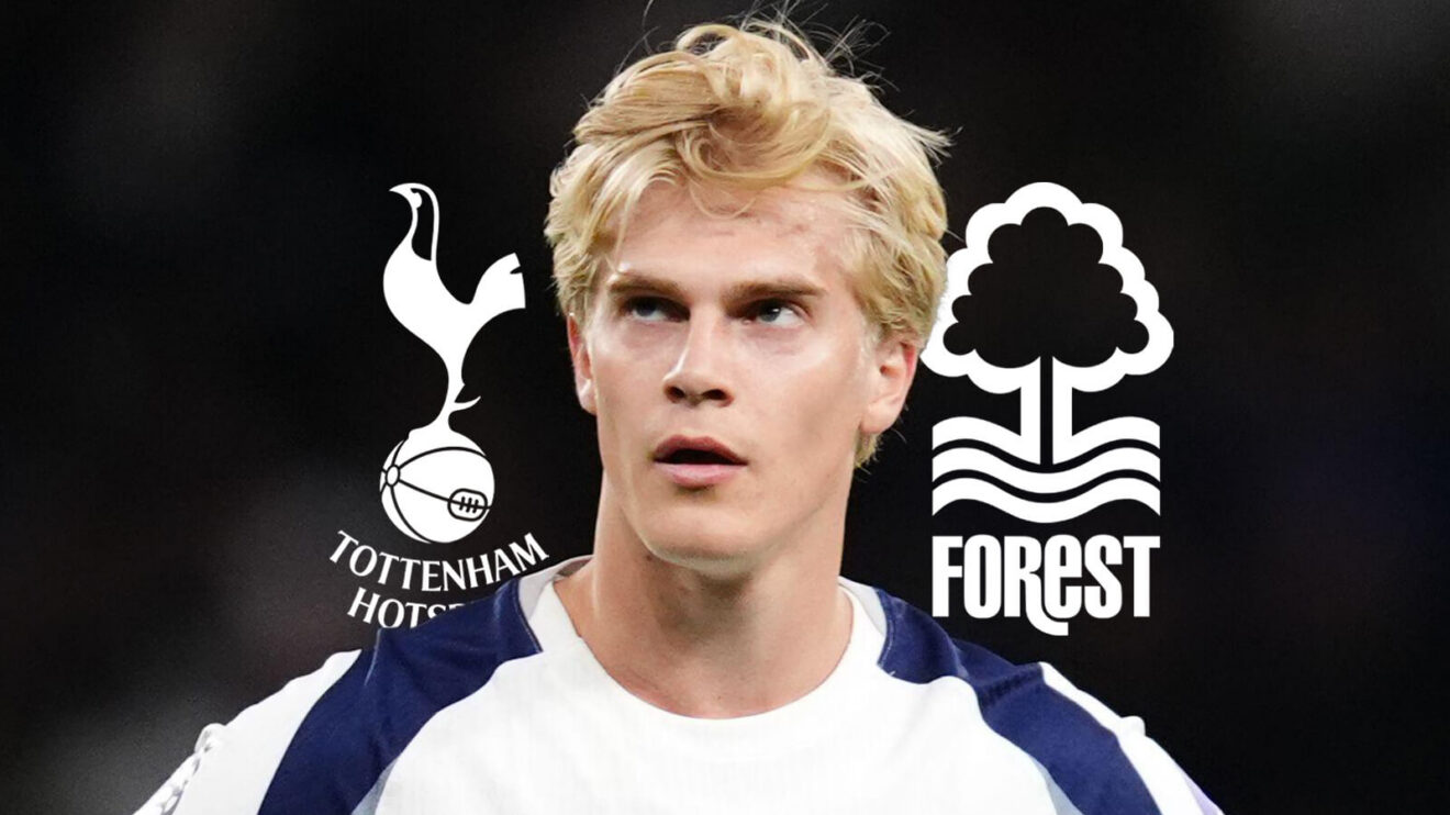 Tottenham Hotspur badge, Lucas Bergvall and Nottingham Forest badge - copyright F365