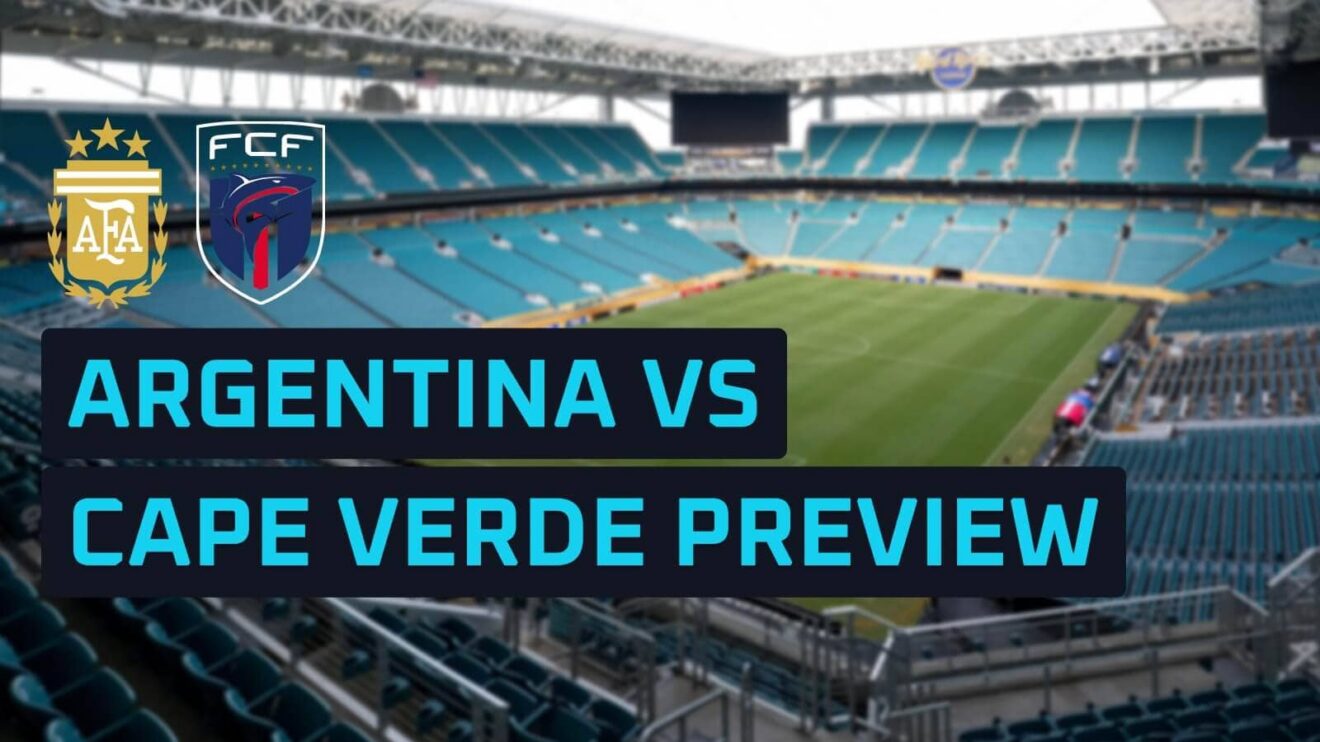 Argentina and Cape Verde badges on a backdrop of the Miami Stadium.