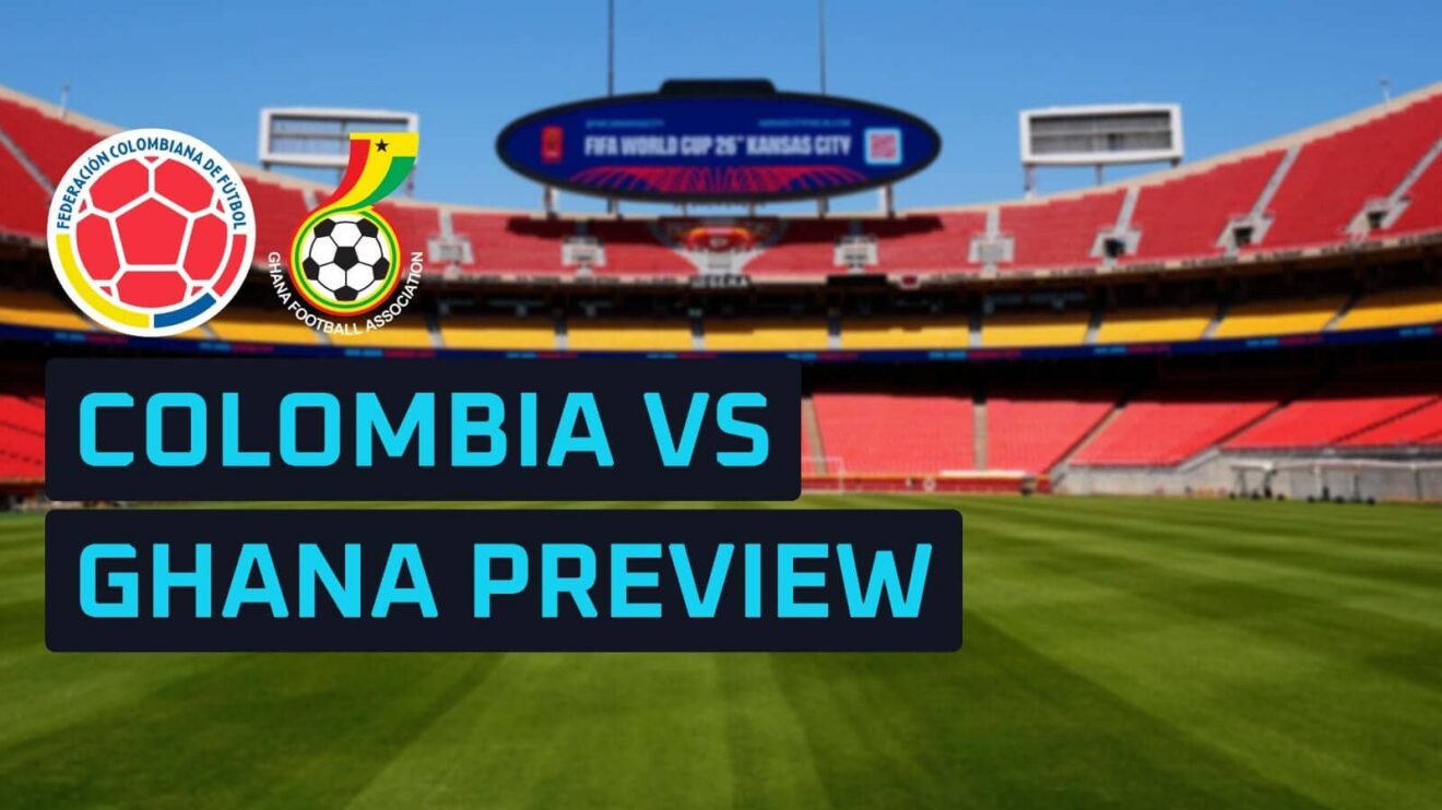 Colombia and Ghana badges on a backdrop of the Kansas City Stadium.