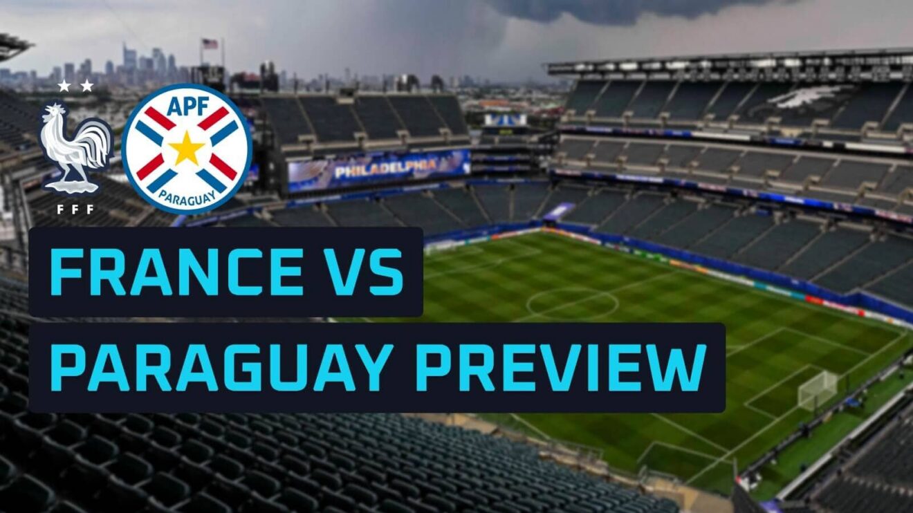 France and Paraguay badges on a backdrop of the Philadelphia Stadium.