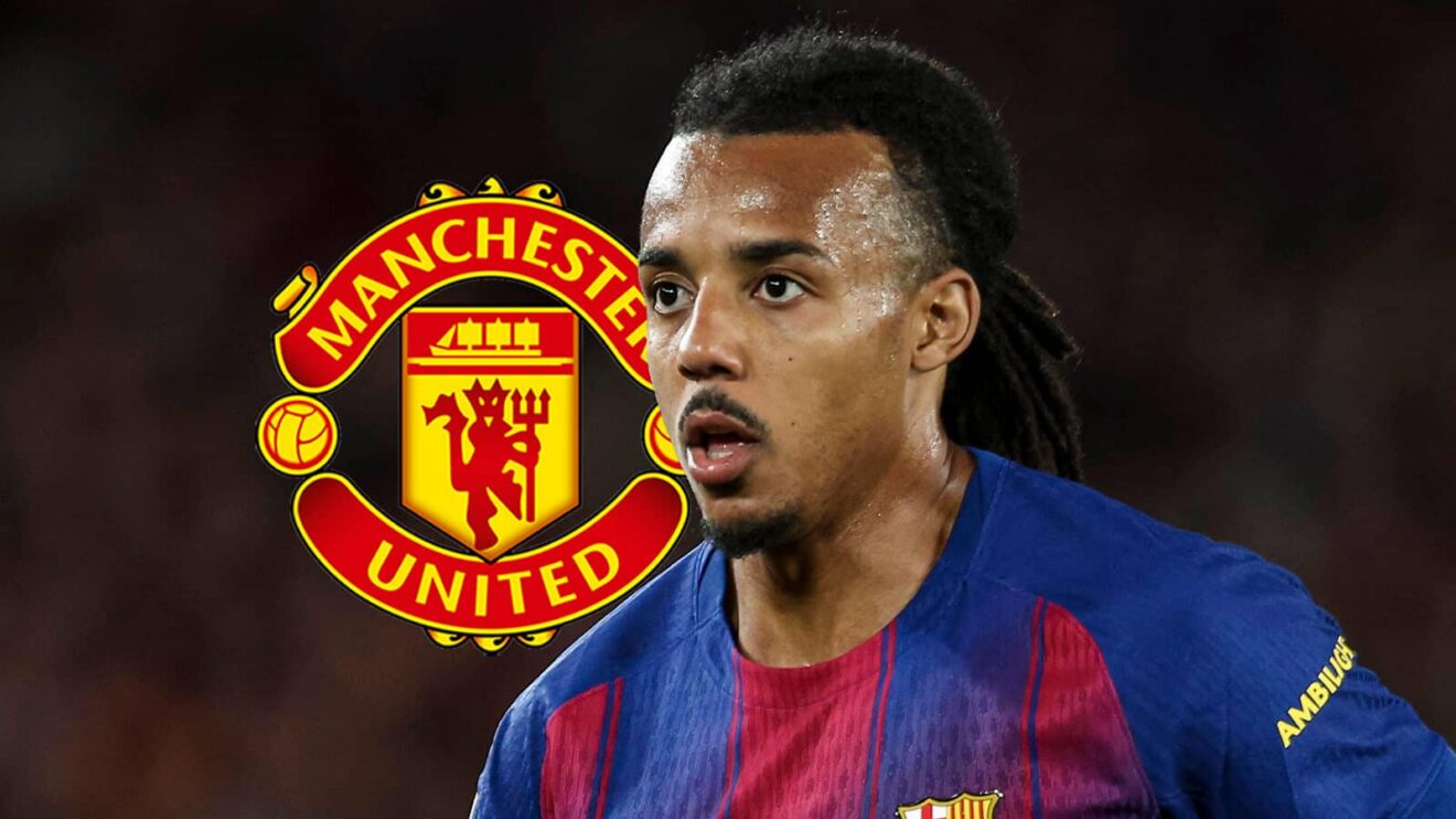 Manchester United badge and also Barcelona protector Jules Kounde - copyright F365