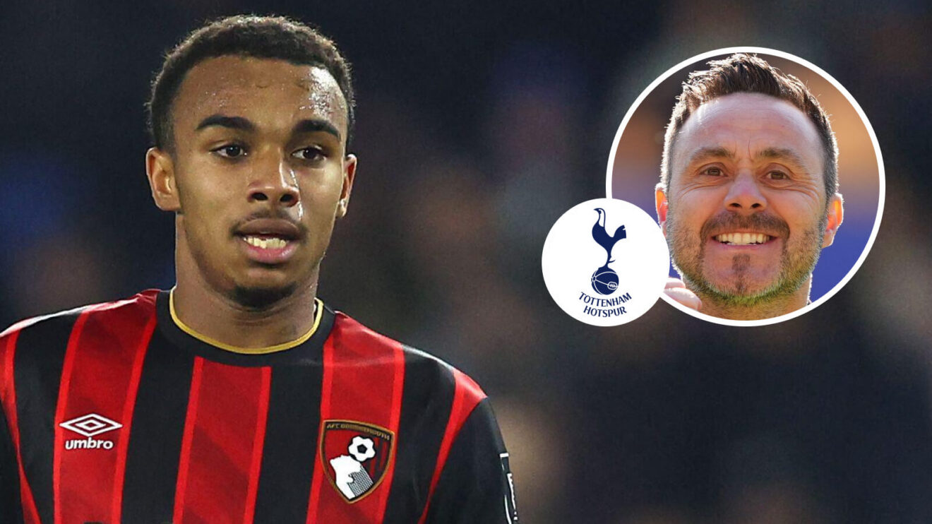 Bournemouth winger Eli Junior Kroupi, Tottenham Hotspur badge and Tottenham Hotspur employer Roberto De Zerbi - copyright F365