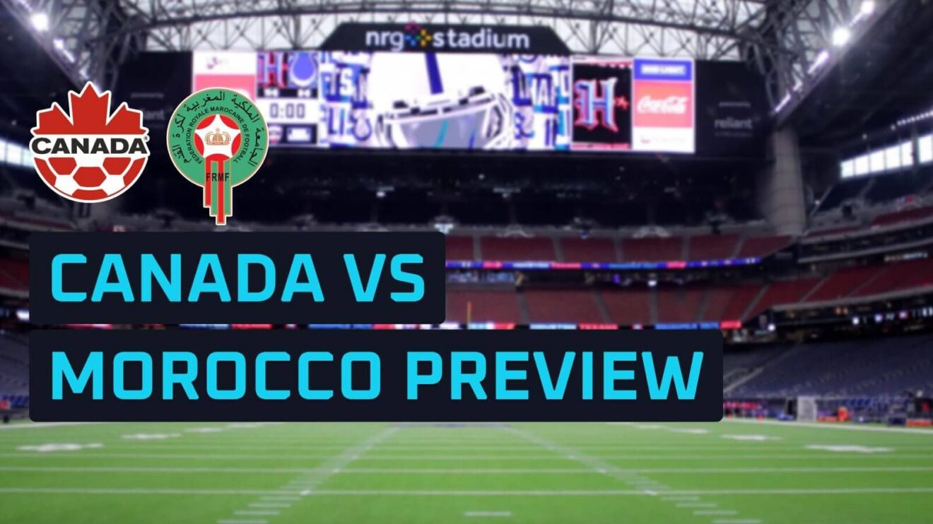 Canada and Morocco badges on a backdrop of the Houston Stadium