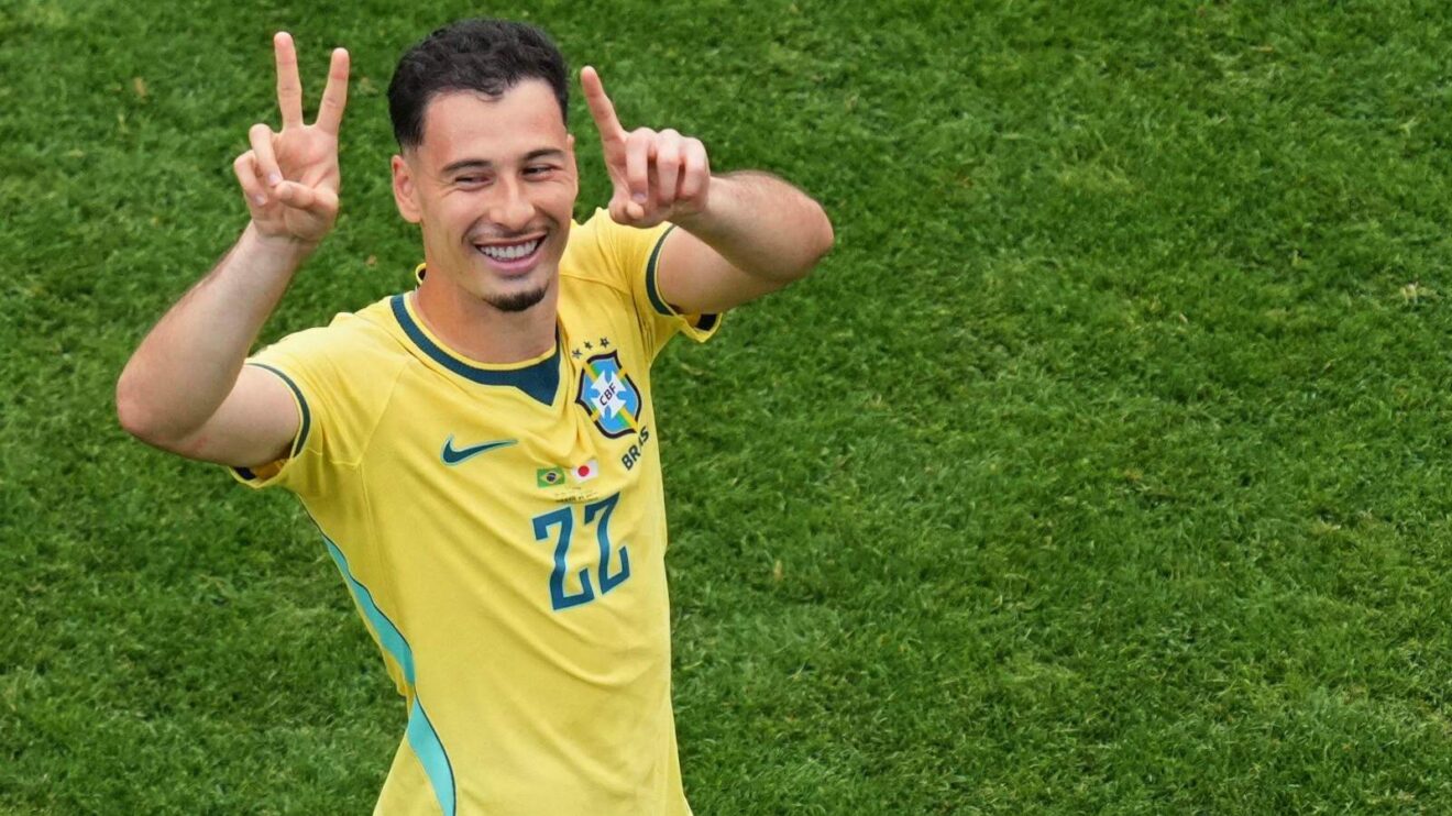 Brazil winger Gabriel Martinelli celebrates his goal