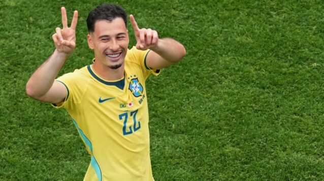 Brazil winger Gabriel Martinelli celebrates his goal