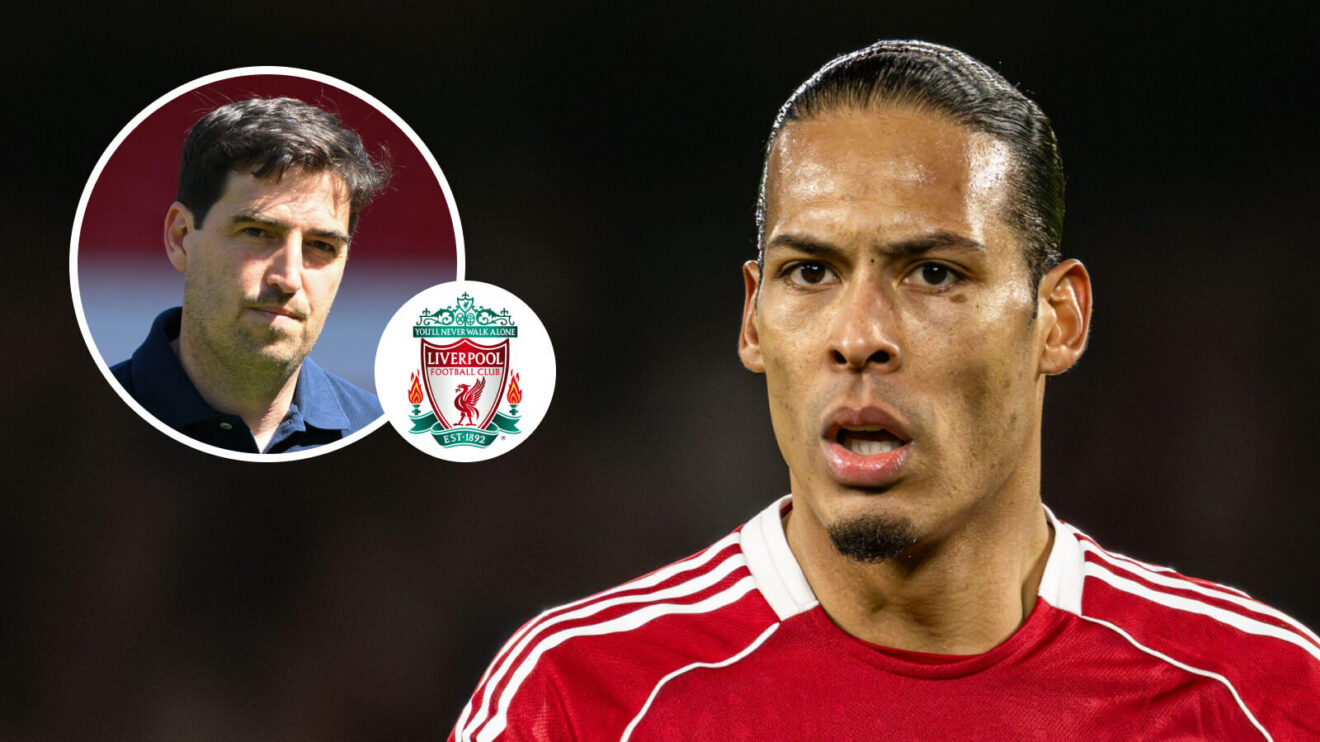 Liverpool manager Andoni Iraola, Liverpool badge and defender Virgil van Dijk - copyright F365