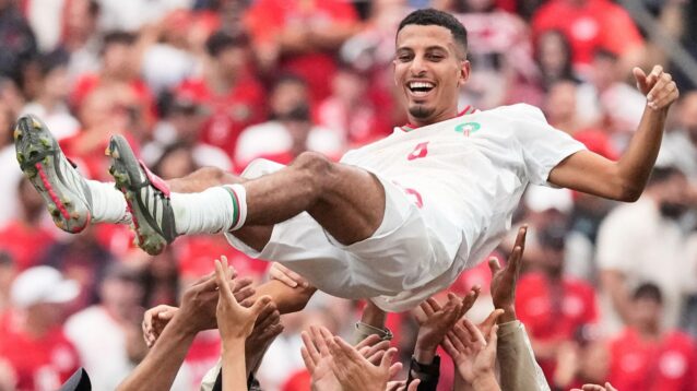 Morocco midfielder Azzedine Ounahi celebrates after beating Canada at the 2026 World Cup