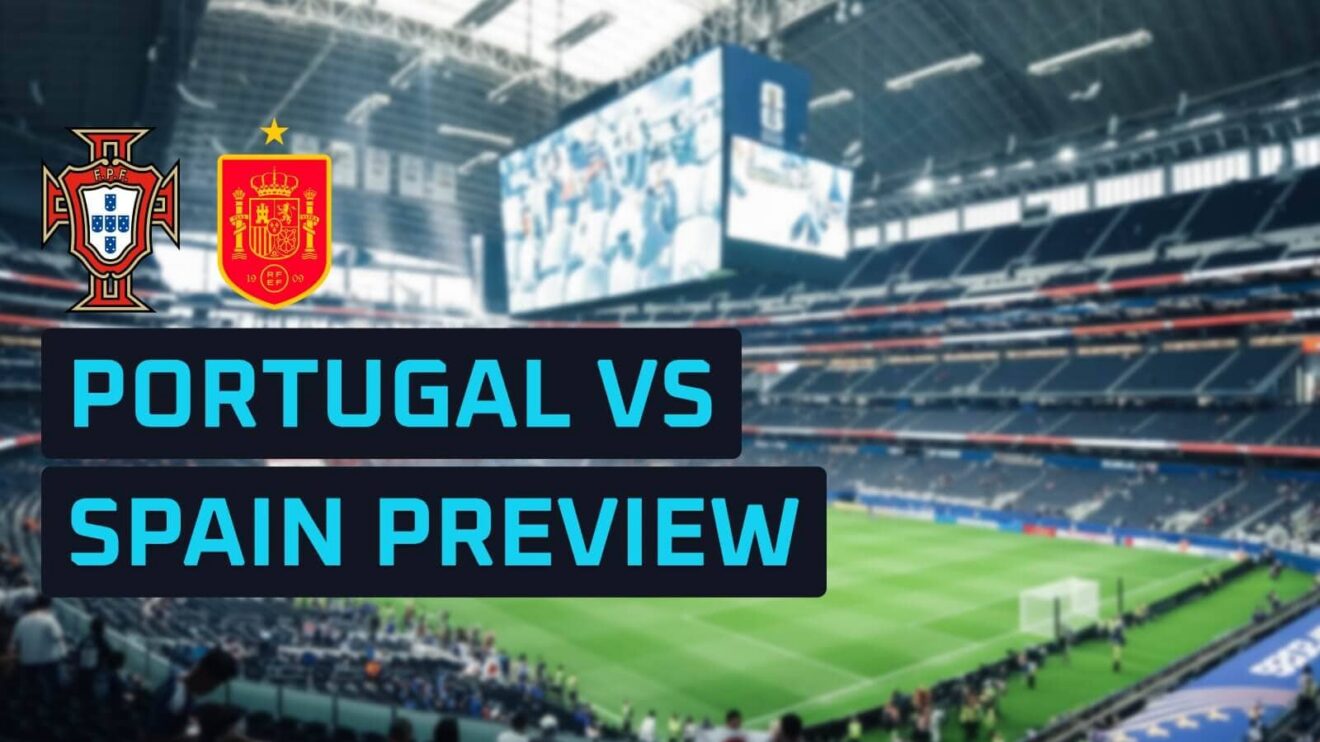 Portugal and Spain badges on a backdrop of the Dallas Stadium