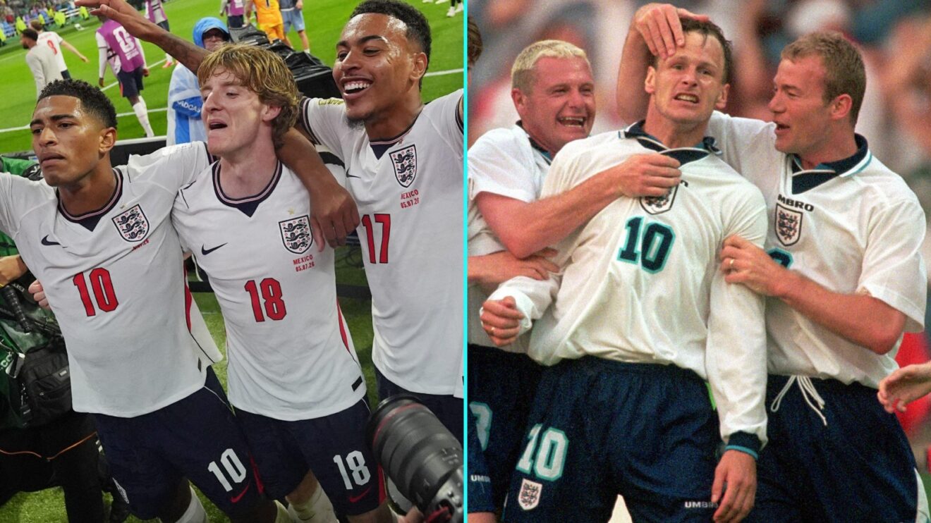 England celebrate wins over Mexico at the World Cup 2026 and, right, versus Netherlands at Euro 96.
