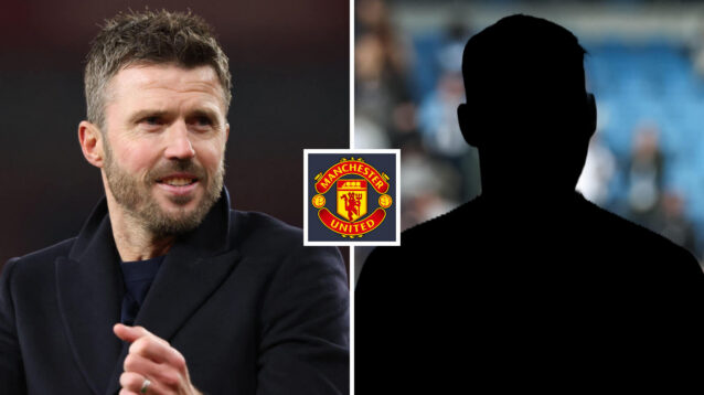 Split image of Manchester United manager Michael Carrick and a shadow, with the Manchester United badge in between - copyright F365