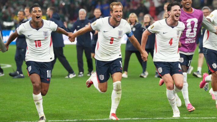 Jude Bellingham, Harry Kane, Declan Rice celebrate England's win over Mexico.