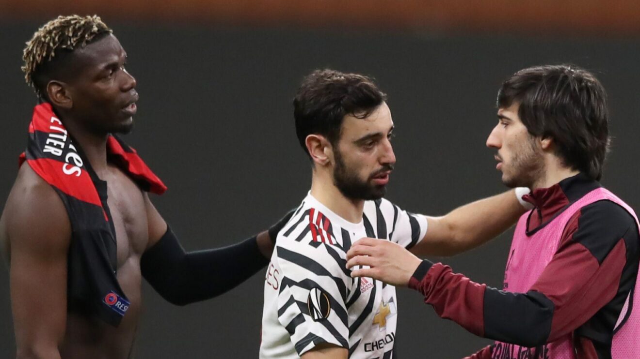 Manchester United midfielders Paul Pogba and Bruno Fernandes with AC Milan's Sandro Tonali