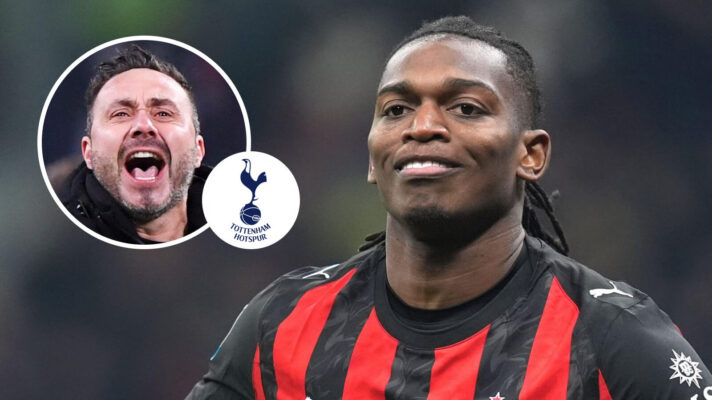 Tottenham Hotspur manager Roberto De Zerbi, Tottenham Hotspur badge and AC Milan winger Rafael Leao - copyright F365