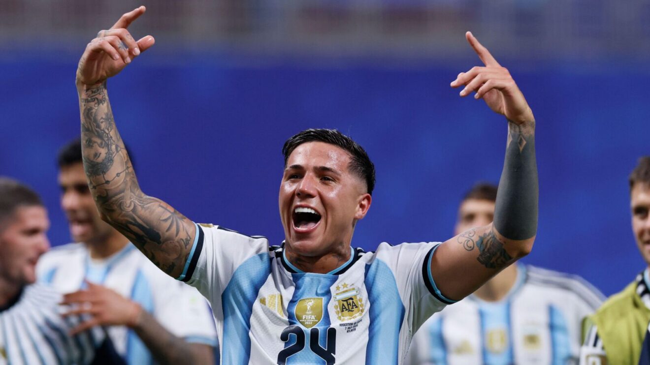 Enzo Fernandez celebrates after a late winner for Argentina against Egypt at the 2026 World Cup