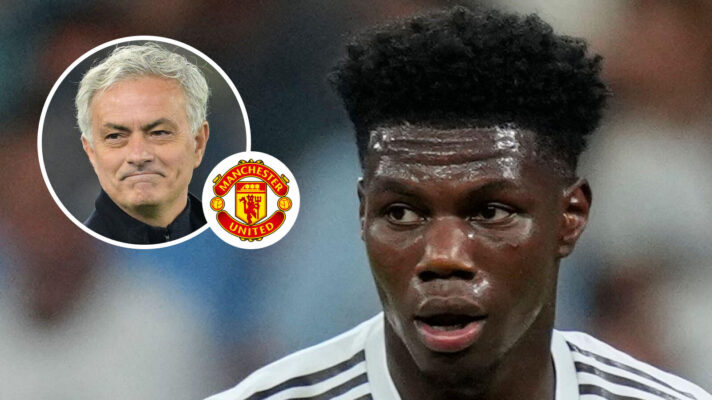 Jose Mourinho, Manchester United badge and Real Madrid midfielder Aurelien Tchouameni - copyright F365