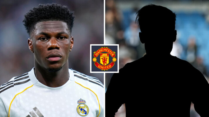 Split image of Real Madrid midfielder Aurelien Tchouameni and a shadow, with the Manchester United badge in between - copyright F365