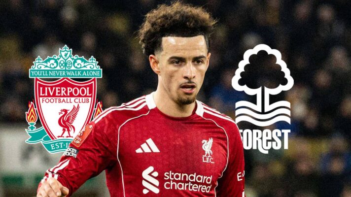 Liverpool badge, Curtis Jones and Nottingham Forest badge - copyright F365