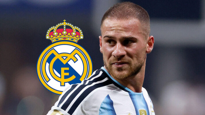 Liverpool midfielder Alexis Mac Allister with a Real Madrid badge