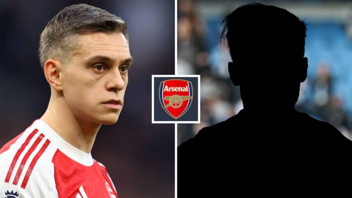Split image of Arsenal winger L:eandro Trossard and a shadow, with the Arsenal badge in between - copyright F365
