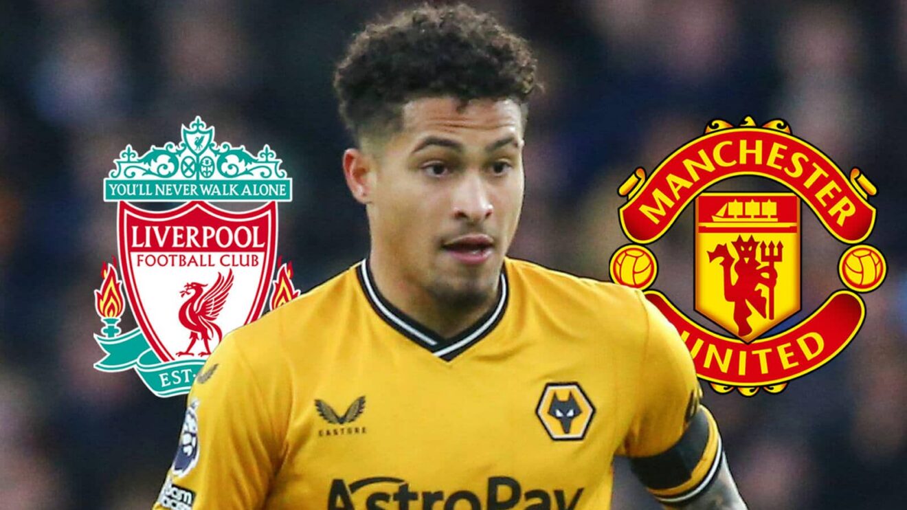 Liverpool badge, Wolves midfielder Joao Gomes and Manchester United badge - copyright F365