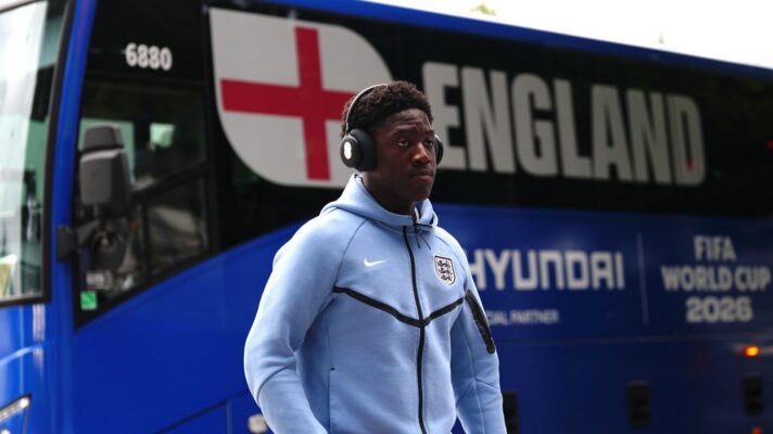 Kobbie Mainoo getting off England bus