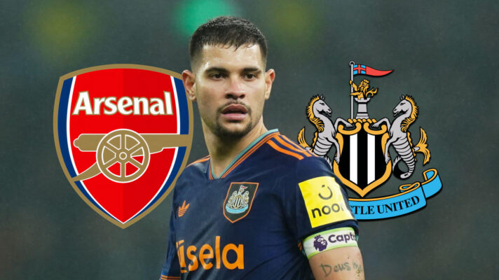 Arsenal badge, Bruno Guimaraes and Newcastle United badge - copyright F365