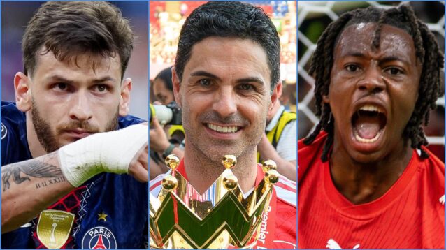 PSG player Khvicha Kvaratskhelia, Arsenal coach Mikel Arteta and Switzerland forward Johan Manzambi
