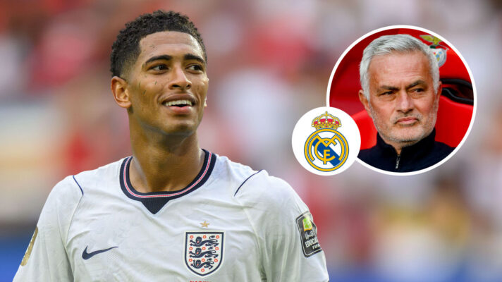 Jude Bellingham, Real Madrid badge and Jose Mourinho - copyright F365