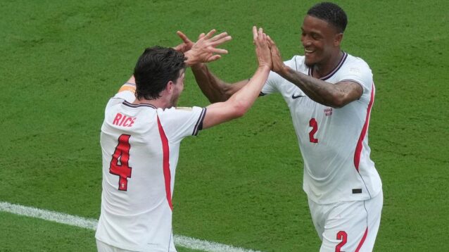 Ezri Konsa and Declan Rice celebrate a goal