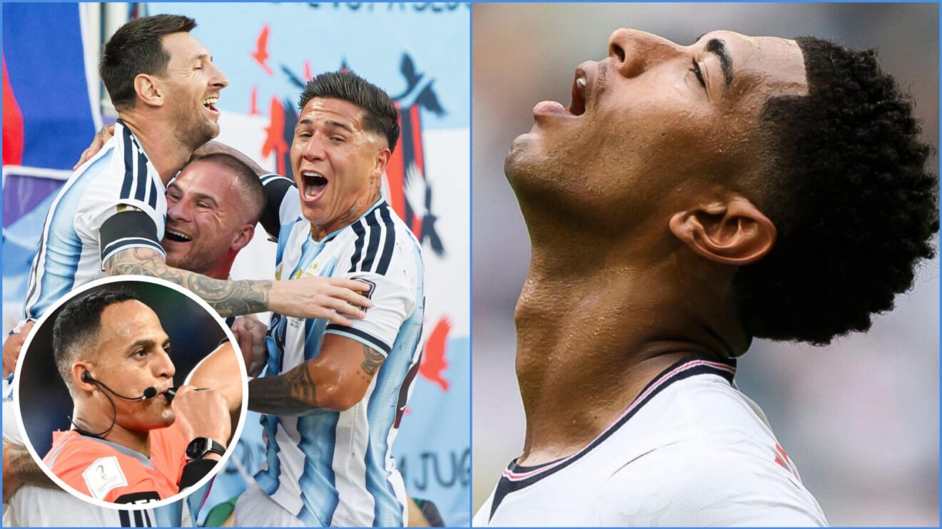 Ismail Elfath inset, with Argentina players celebrating, and England's Jude Bellingham
