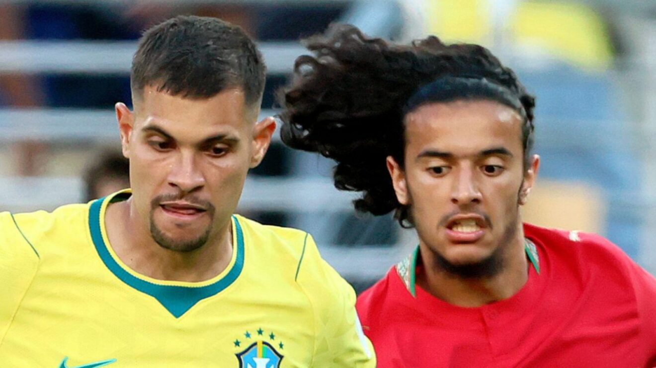 Brazil midfielder Bruno Guimaraes and Morocco player Ayyoub Bouaddi