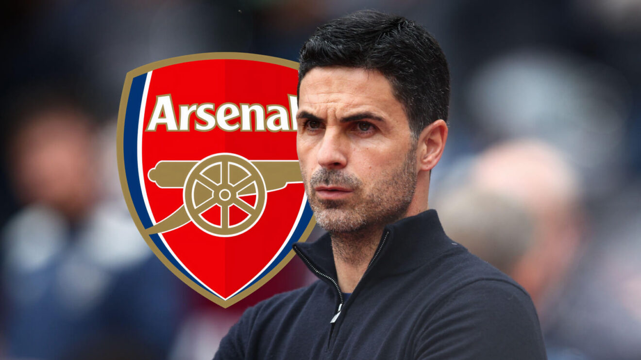 Mikel Arteta with the Arsenal badge