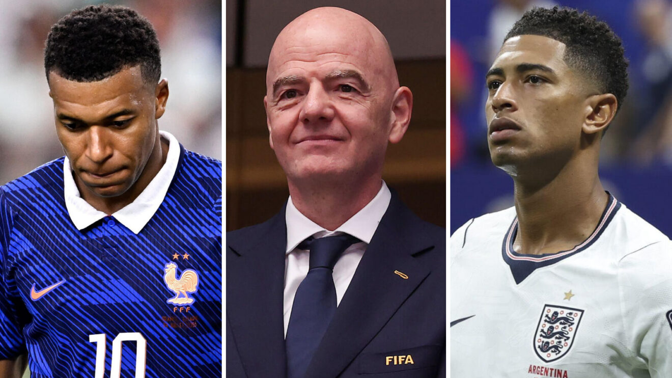 Gianni Infantino, Jude Bellingham & Kylian Mbappe.