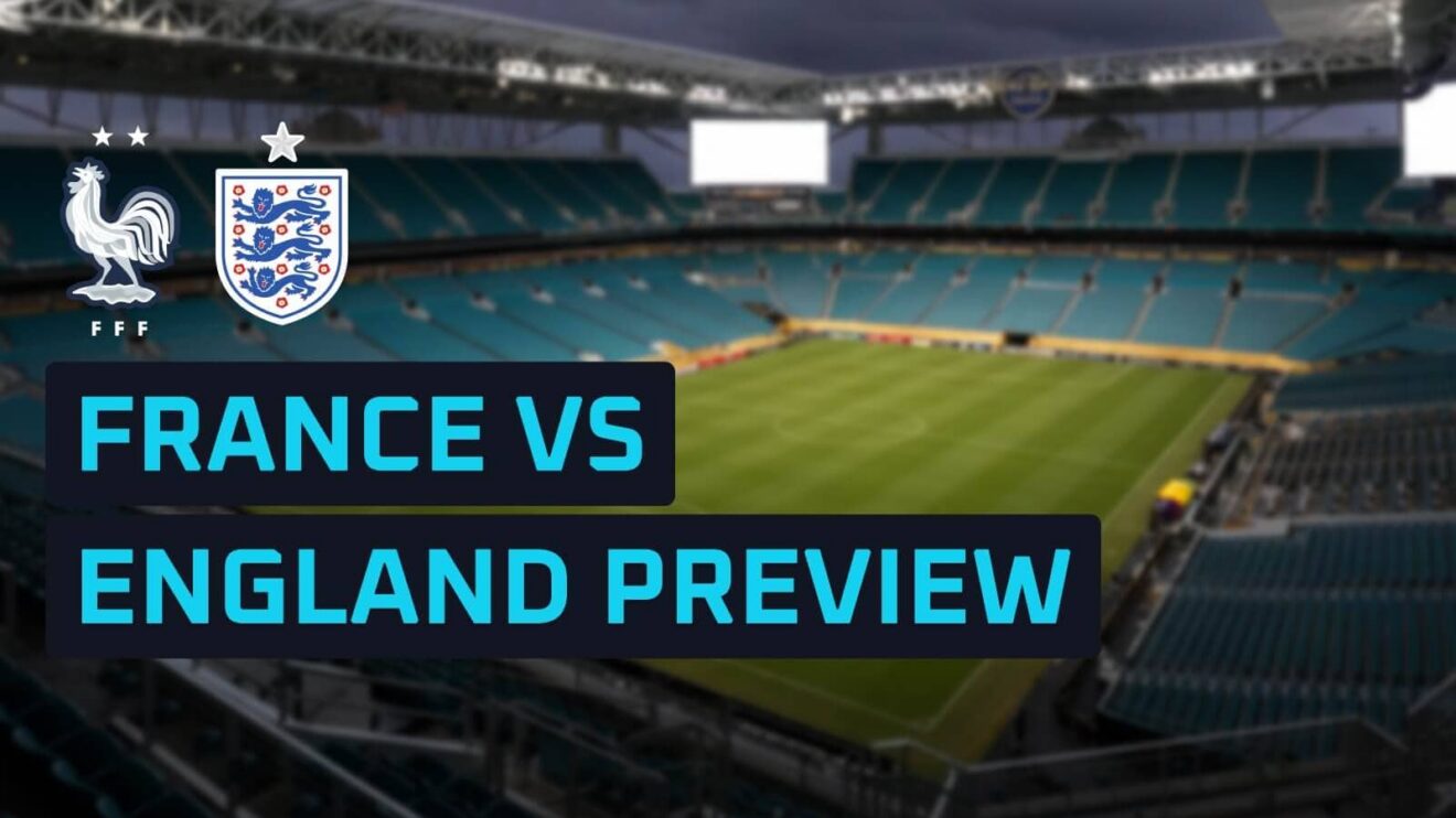 France and England badges on a backdrop of the Miami Stadium.
