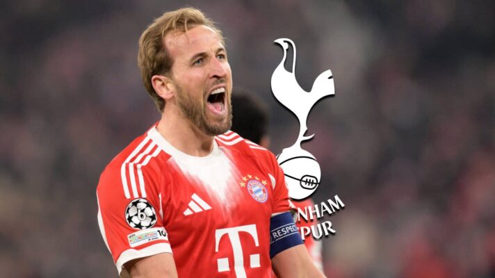 Bayern Munich striker Harry Kane next to the Tottenham Hotspur badge - copyright F365