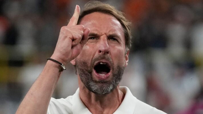 England manager Gareth Southgate celebrates beating Netherlands at Euro 2024