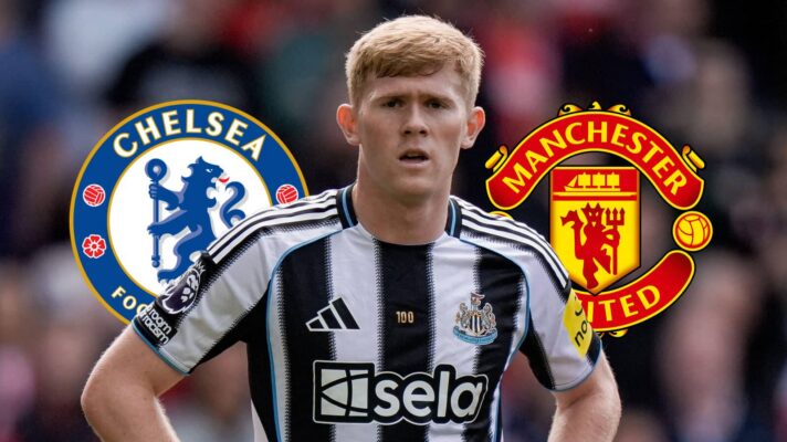 Chelsea badge, Newcastle United left-back Lewis Hall and Manchester United badge - copyright F365