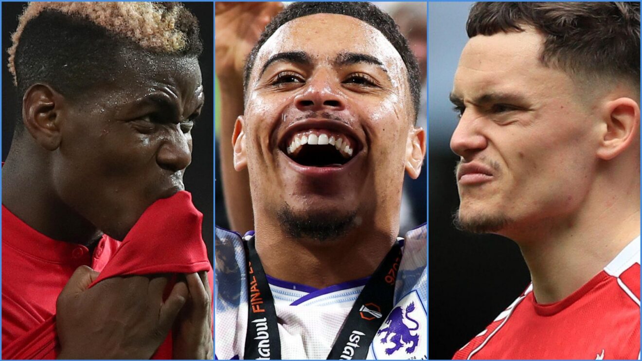 Manchester United midfielder Paul Pogba, Aston Villa's Morgan Rogers and Florian Wirtz of Liverpool