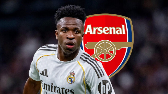 Vinicius Jnr and Arsenal badge.