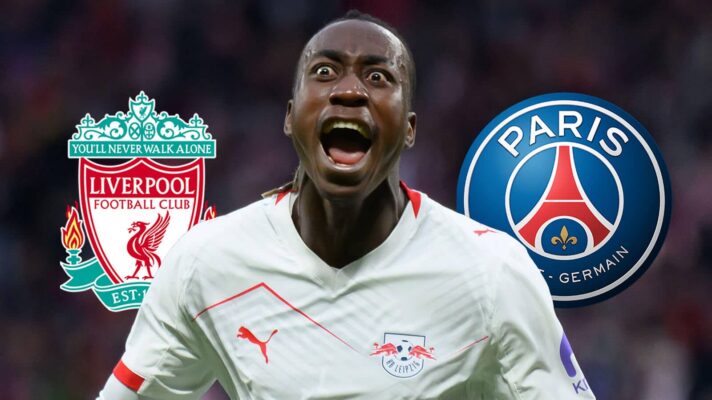 RB Leipzig winger Yan Diomande, Liverpool and PSG badges