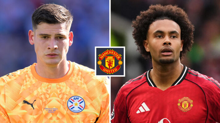 Orlando Gill and Man Utd forward Joshua Zirkzee