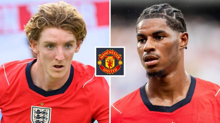 Anthony Gordon and Marcus Rashford, with a Man Utd badge (inset)