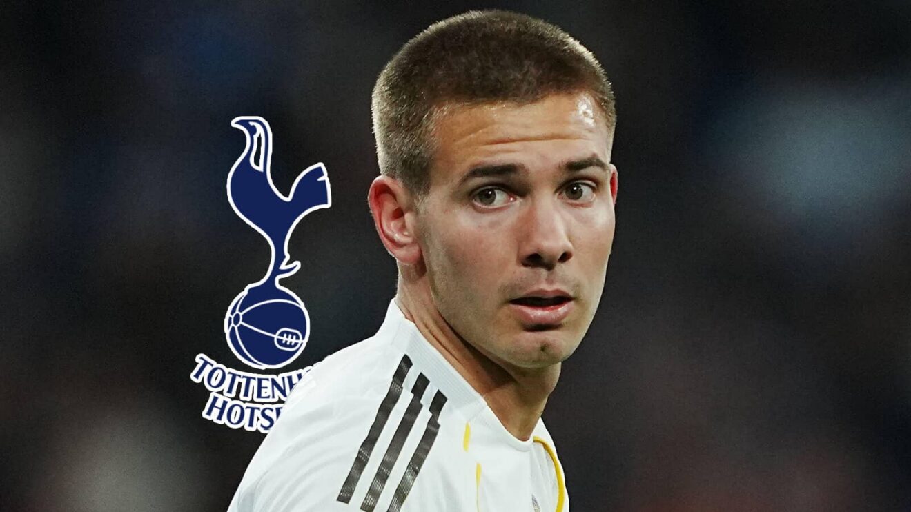 Tottenham Hotspur badge beside Real Madrid winger Franco Mastantuono - copyright F365