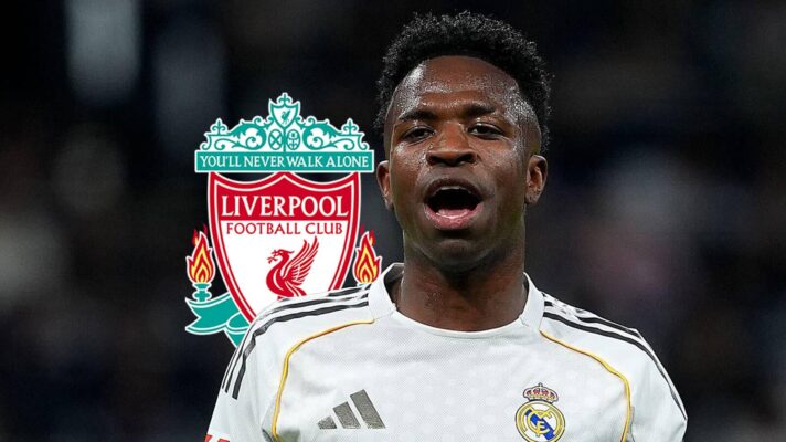Liverpool badge and Real Madrid winger Vinicius Junior - copyright F365