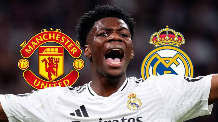 Manchester United badge, Aurelien Tchouameni and Real Madrid badge - copyright F365