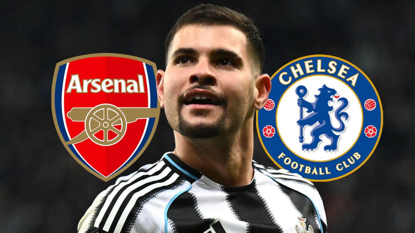 Arsenal badge, Newcastle United midfielder Bruno Guimaraes and also Chelsea badge - copyright F365