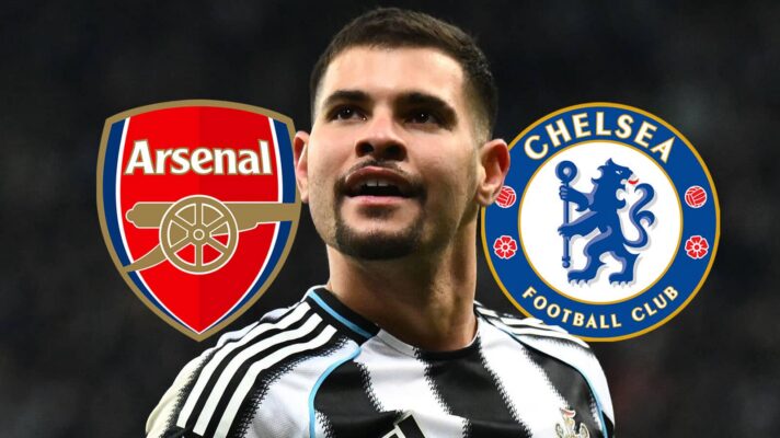 Arsenal badge, Newcastle United midfielder Bruno Guimaraes and Chelsea badge - copyright F365
