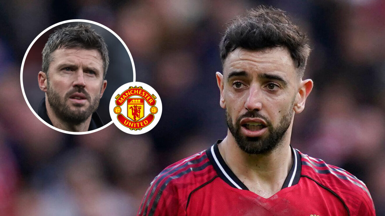 Manchester Joined manager Michael Carrick, Manchester Joined badge and also Bruno Fernandes - copyright F365