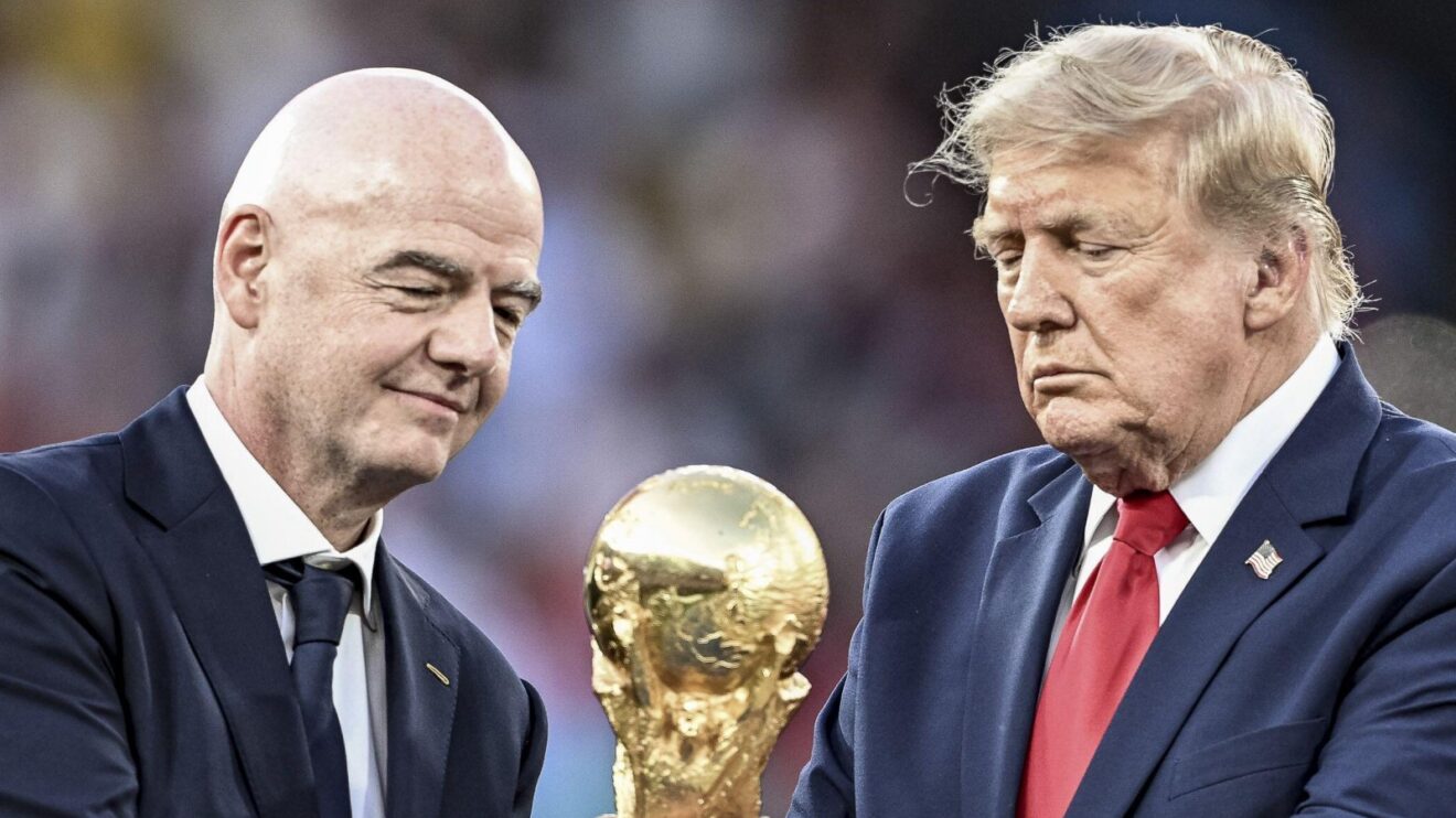 FIFA president Gianni Infantino and United States president Donald Trump hold the World Cup