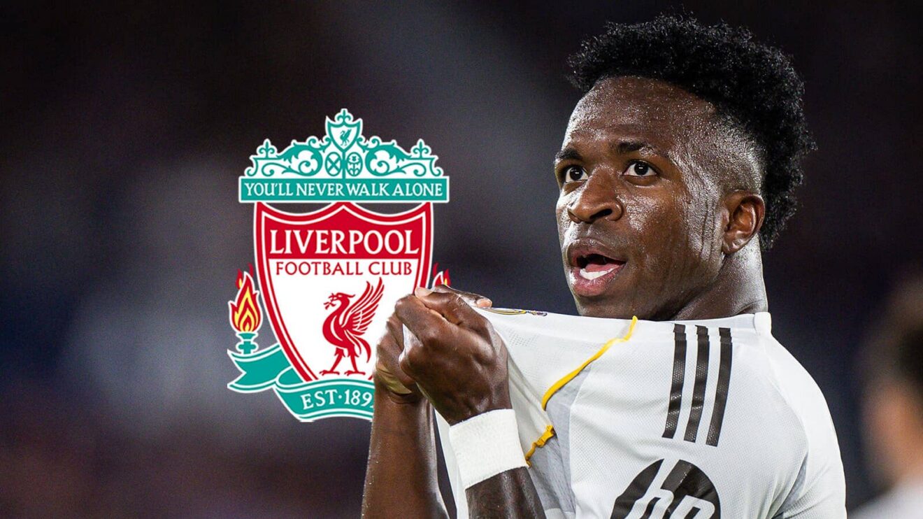 Liverpool badge and Real Madrid winger Vinicius Junior - copyright F365